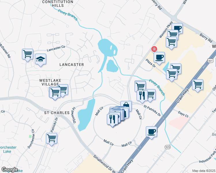 map of restaurants, bars, coffee shops, grocery stores, and more near 11037 Poundberry Camp Place in Waldorf