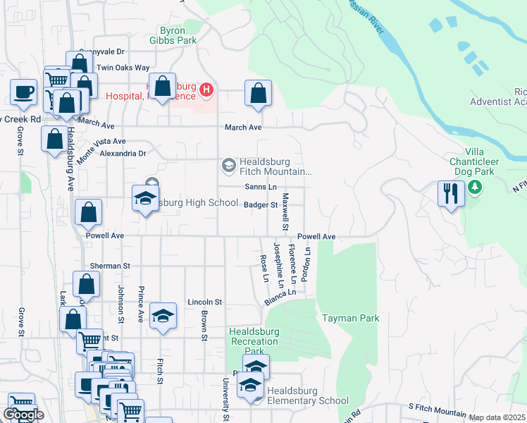 map of restaurants, bars, coffee shops, grocery stores, and more near 934 Harold Lane in Healdsburg