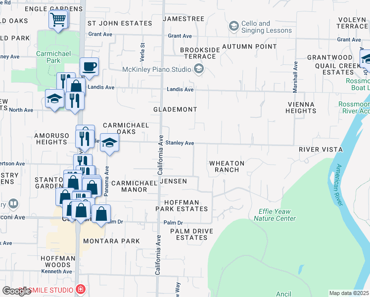 map of restaurants, bars, coffee shops, grocery stores, and more near 6224 Stanley Avenue in Carmichael