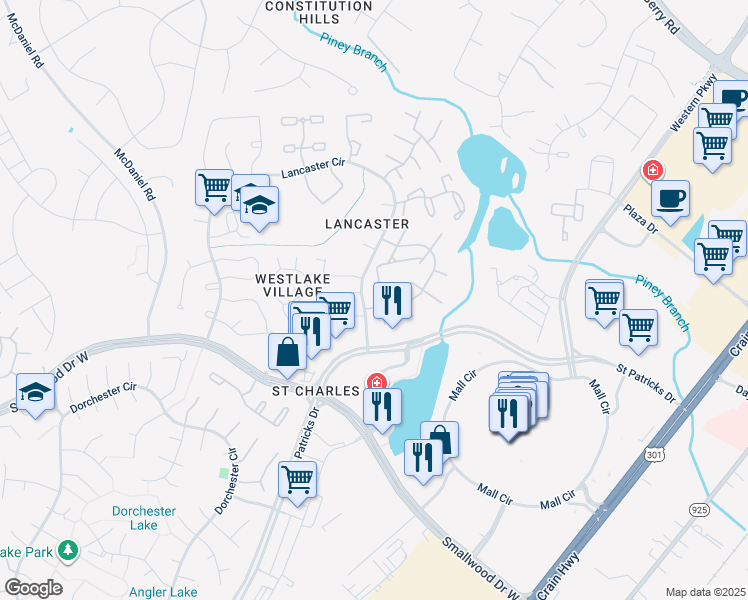 map of restaurants, bars, coffee shops, grocery stores, and more near 4019 Bluebird Drive in Waldorf