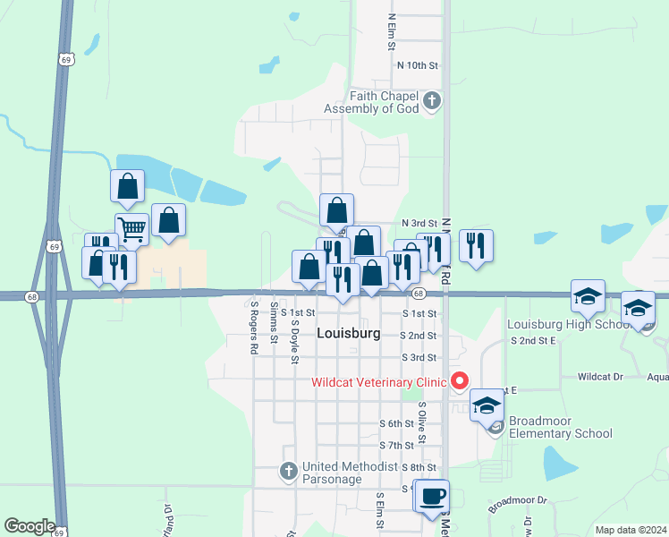 map of restaurants, bars, coffee shops, grocery stores, and more near 502 North 1st Street in Louisburg