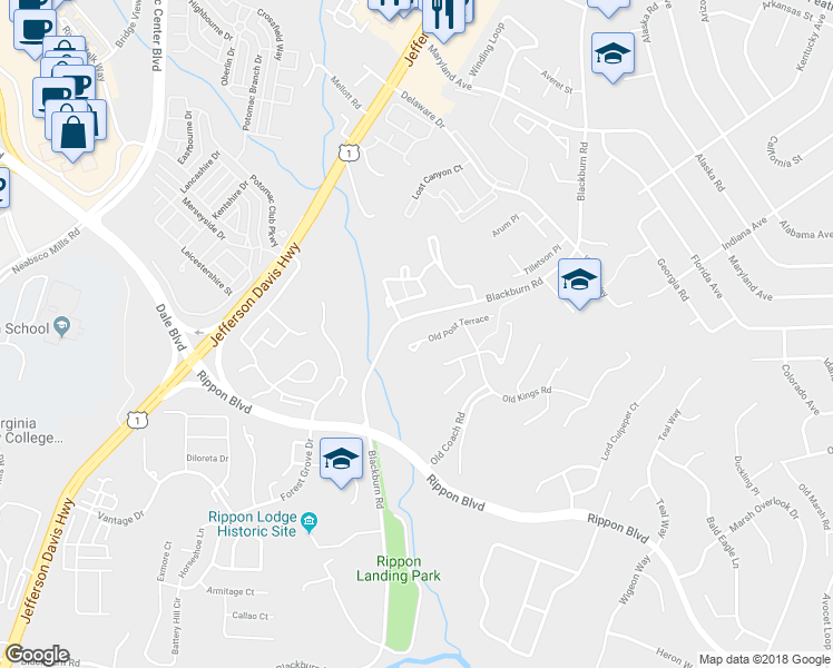 map of restaurants, bars, coffee shops, grocery stores, and more near 1926 Old Post Terrace in Woodbridge