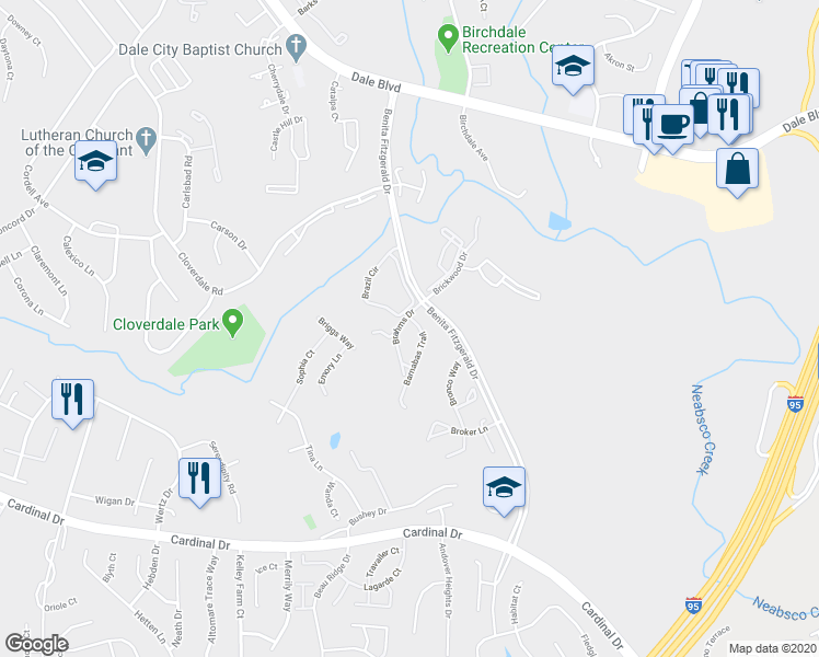 map of restaurants, bars, coffee shops, grocery stores, and more near 15236 Barnabas Trail in Woodbridge