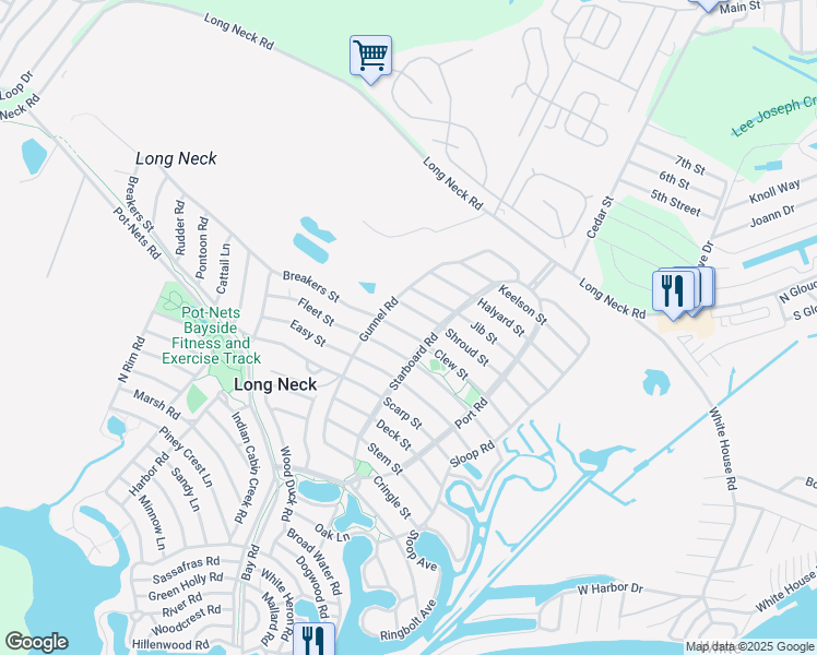 map of restaurants, bars, coffee shops, grocery stores, and more near 34697 Clew Street in Long Neck