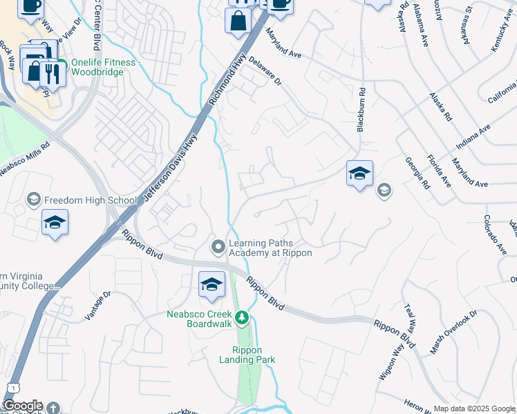 map of restaurants, bars, coffee shops, grocery stores, and more near 1926 Old Post Terrace in Woodbridge