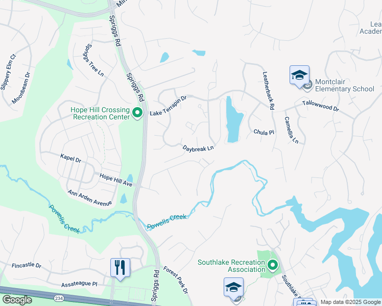 map of restaurants, bars, coffee shops, grocery stores, and more near 5319 Daybreak Lane in Woodbridge