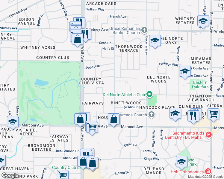 map of restaurants, bars, coffee shops, grocery stores, and more near 3117 Montclaire Street in Sacramento