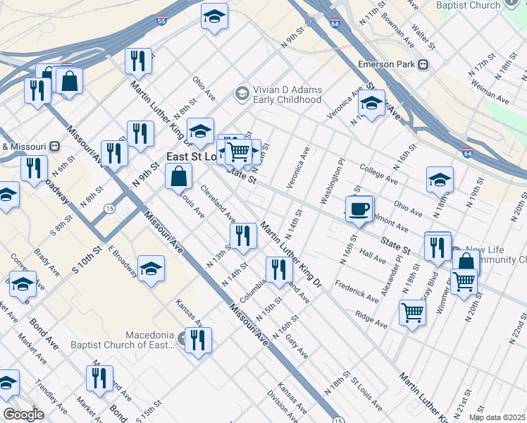 map of restaurants, bars, coffee shops, grocery stores, and more near 415 North 13th Street in East St. Louis
