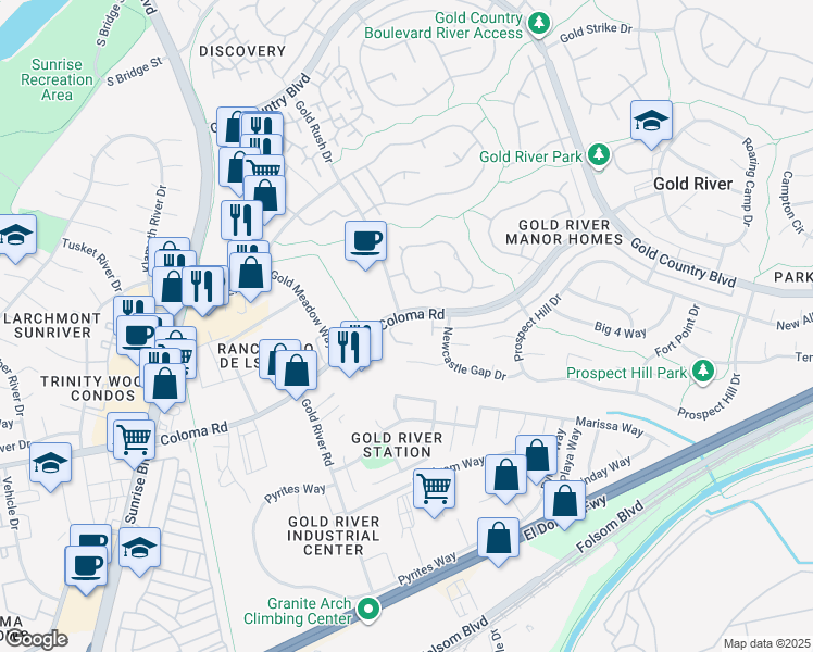 map of restaurants, bars, coffee shops, grocery stores, and more near 11390 Coloma Road in Gold River