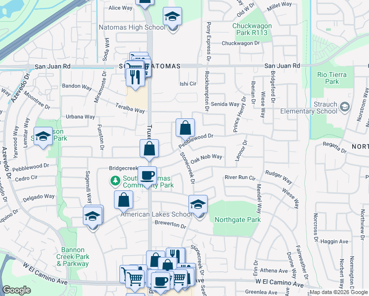 map of restaurants, bars, coffee shops, grocery stores, and more near 1485 Pebblewood Drive in Sacramento