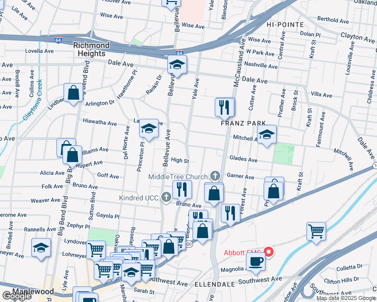 map of restaurants, bars, coffee shops, grocery stores, and more near 7220 Glades Avenue in Richmond Heights