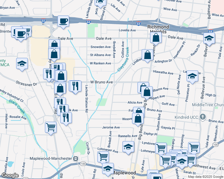 map of restaurants, bars, coffee shops, grocery stores, and more near 2028 Bredell Avenue in Maplewood