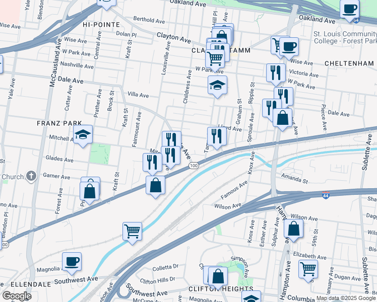 map of restaurants, bars, coffee shops, grocery stores, and more near 6433 Dale Avenue in St. Louis