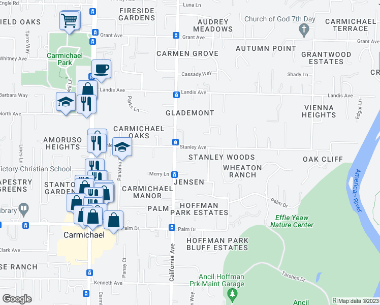 map of restaurants, bars, coffee shops, grocery stores, and more near 6224 Stanley Avenue in Carmichael