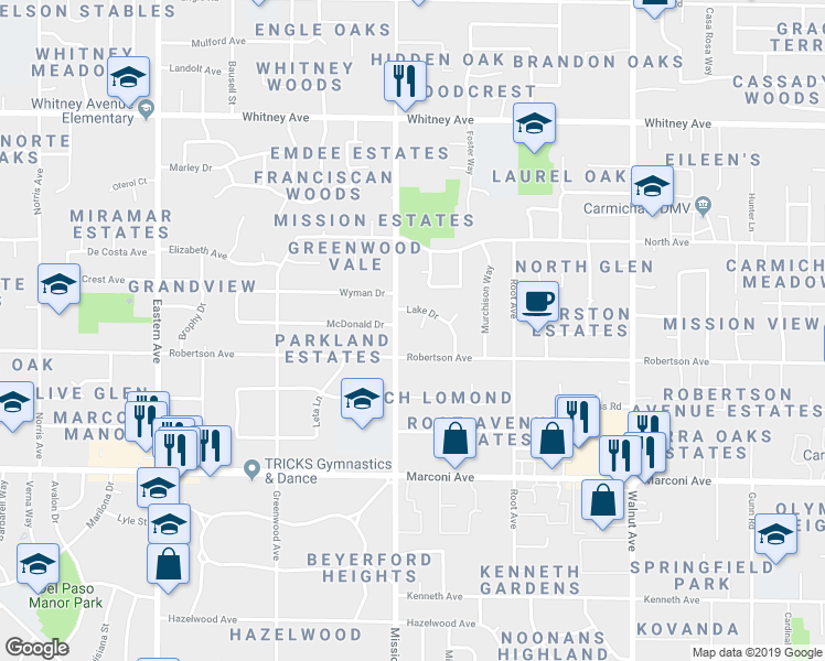 map of restaurants, bars, coffee shops, grocery stores, and more near 3121 Ozzie Court in Carmichael