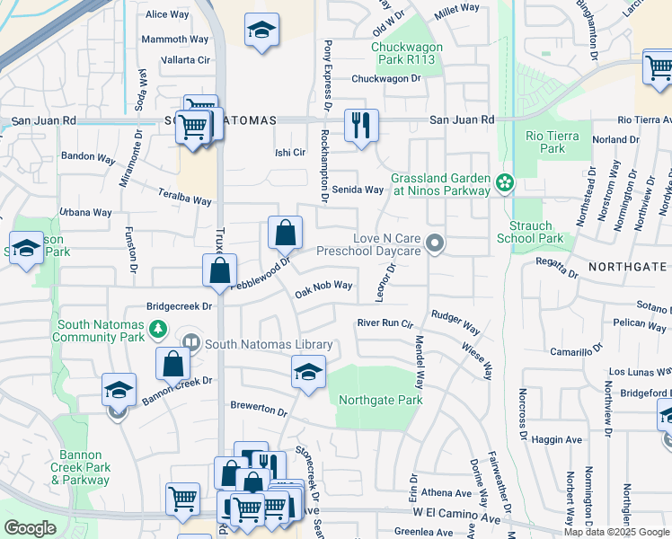 map of restaurants, bars, coffee shops, grocery stores, and more near 2981 Brookstone Way in Sacramento