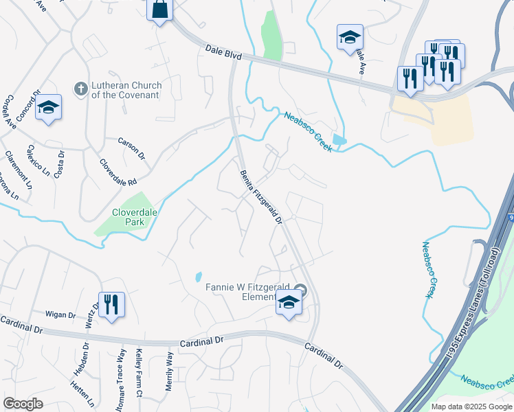 map of restaurants, bars, coffee shops, grocery stores, and more near 15249 Barnabas Trail in Woodbridge