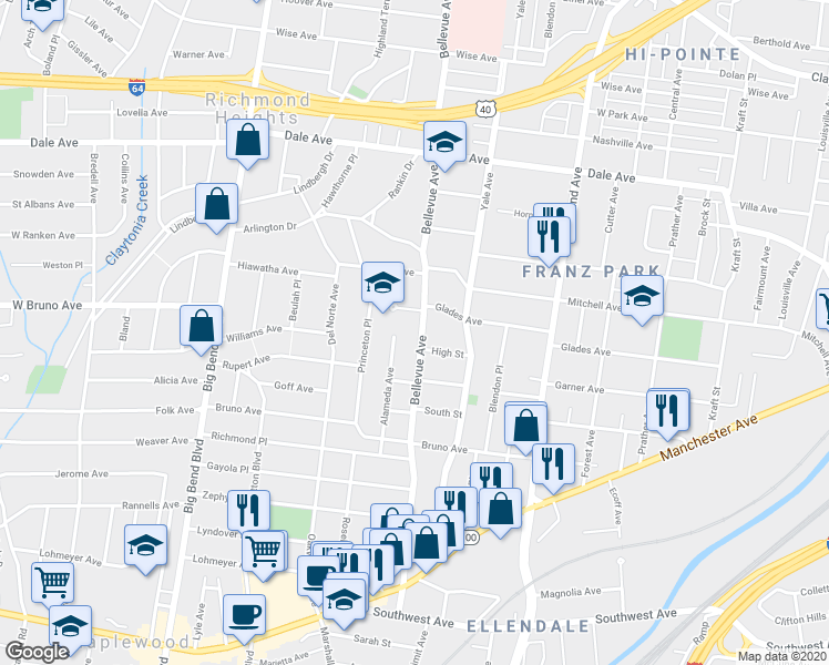 map of restaurants, bars, coffee shops, grocery stores, and more near 1935 Bellevue Avenue in St. Louis