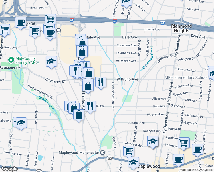 map of restaurants, bars, coffee shops, grocery stores, and more near 1900 Maplewood Commons Drive in Maplewood