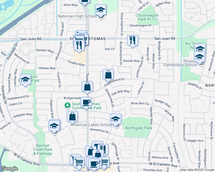 map of restaurants, bars, coffee shops, grocery stores, and more near 1485 Pebblewood Drive in Sacramento