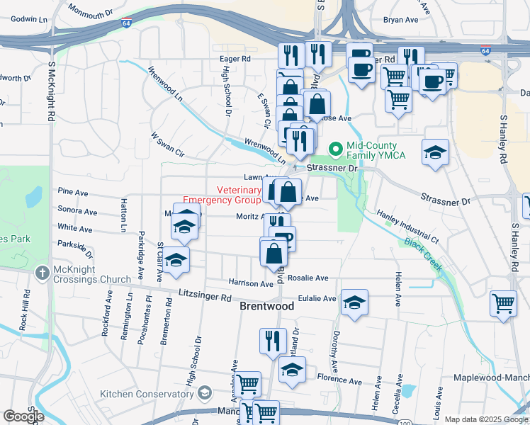 map of restaurants, bars, coffee shops, grocery stores, and more near 8821 Moritz Avenue in Brentwood