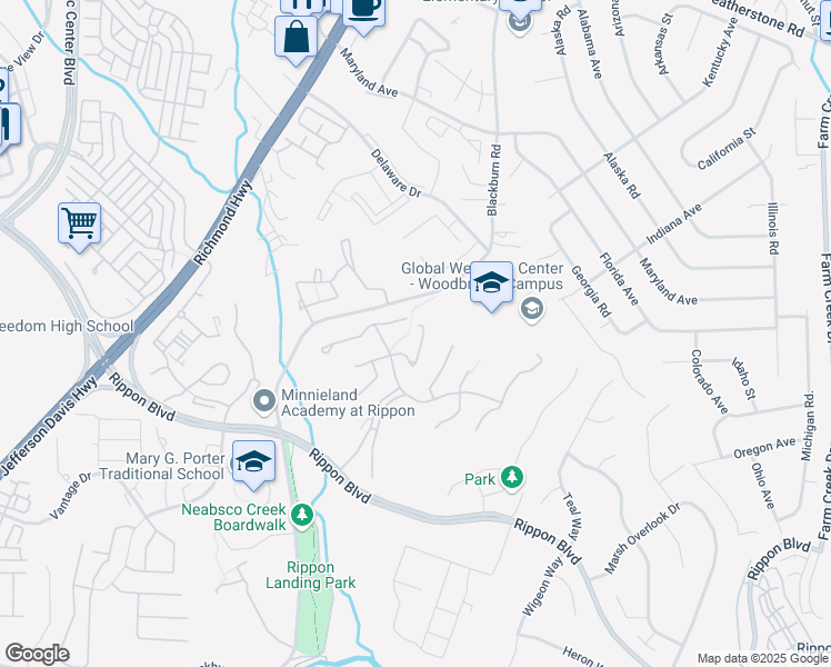map of restaurants, bars, coffee shops, grocery stores, and more near 1744 Powder Horn Terrace in Woodbridge