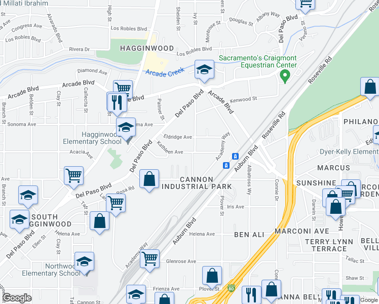 map of restaurants, bars, coffee shops, grocery stores, and more near 1645 Kathleen Avenue in Sacramento