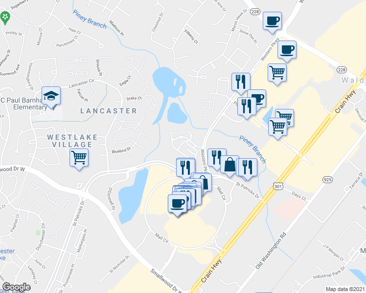map of restaurants, bars, coffee shops, grocery stores, and more near 11212 Bridport Place in Waldorf
