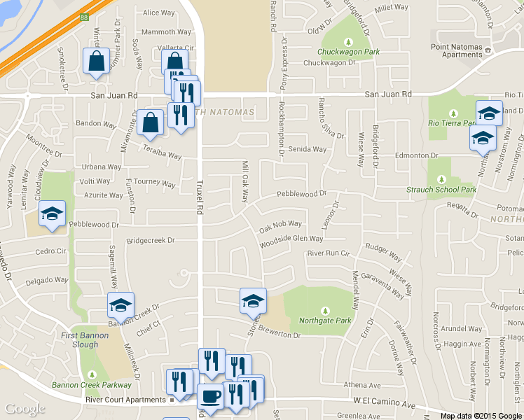 map of restaurants, bars, coffee shops, grocery stores, and more near 3020 Brookstone Way in Sacramento