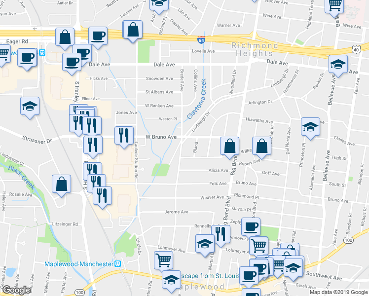 map of restaurants, bars, coffee shops, grocery stores, and more near 2028 Bredell Avenue in Maplewood