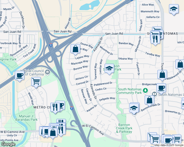 map of restaurants, bars, coffee shops, grocery stores, and more near 3020 Azevedo Drive in Sacramento