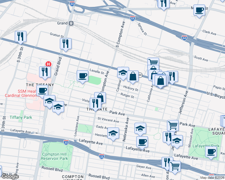 map of restaurants, bars, coffee shops, grocery stores, and more near 3123 Rutger Street in St. Louis