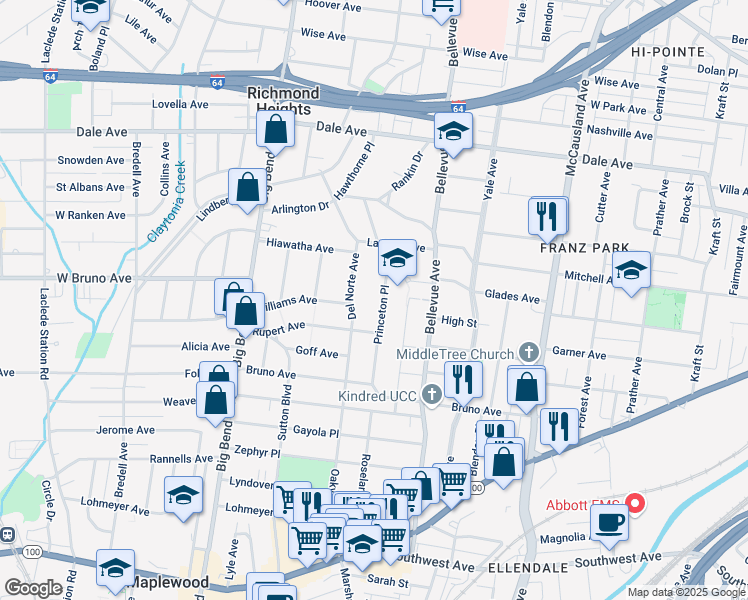 map of restaurants, bars, coffee shops, grocery stores, and more near 2014 Princeton Place in Richmond Heights