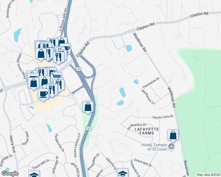 map of restaurants, bars, coffee shops, grocery stores, and more near 941 Kimswick Manor Lane in Ballwin