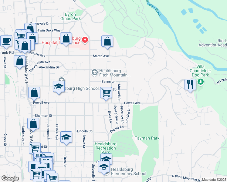 map of restaurants, bars, coffee shops, grocery stores, and more near 934 Harold Lane in Healdsburg