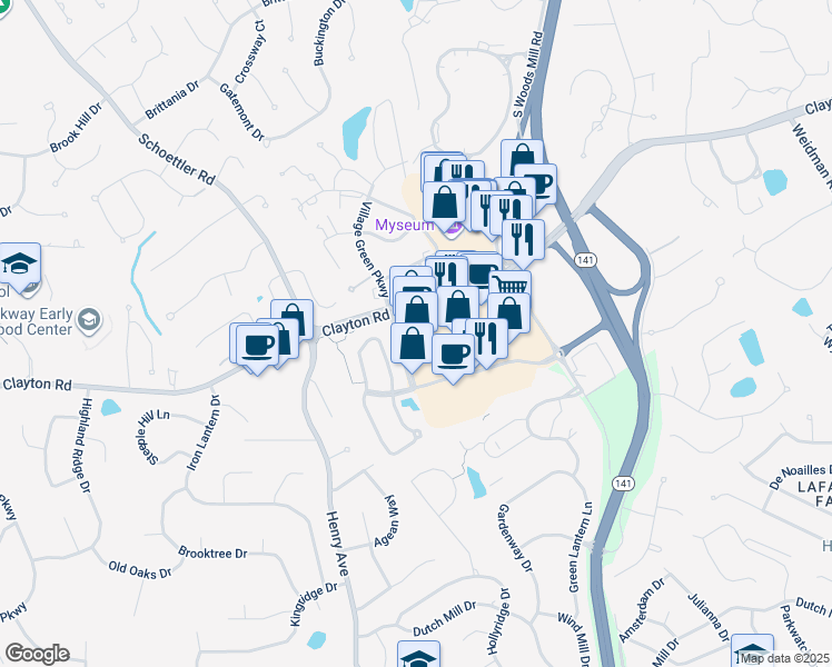 map of restaurants, bars, coffee shops, grocery stores, and more near 1024 Town and Country Crossing Drive in Town and Country