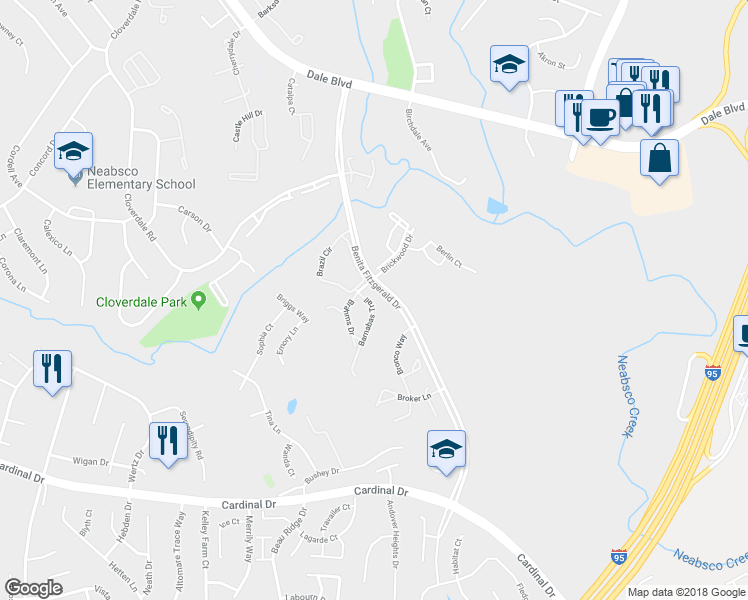 map of restaurants, bars, coffee shops, grocery stores, and more near 15245 Barnabas Trail in Woodbridge