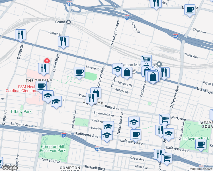 map of restaurants, bars, coffee shops, grocery stores, and more near 3123 Rutger Street in St. Louis