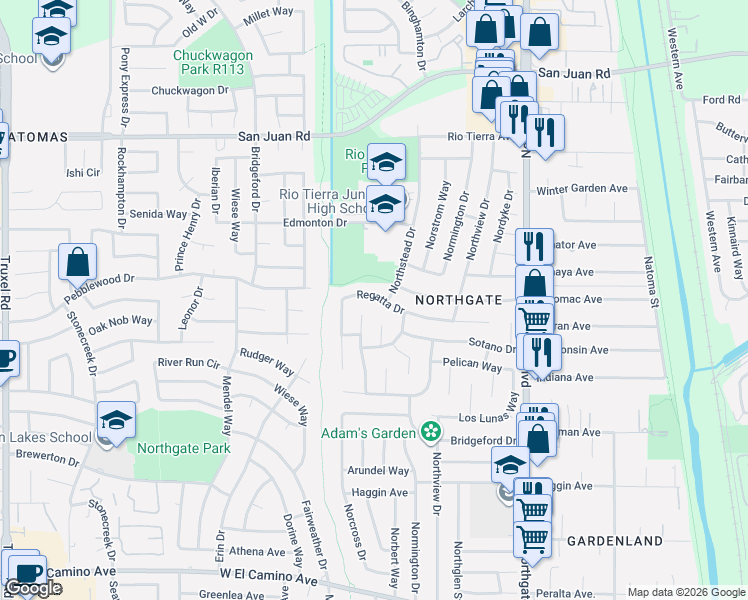 map of restaurants, bars, coffee shops, grocery stores, and more near 910 Regatta Drive in Sacramento