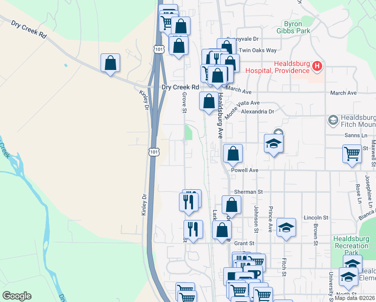 map of restaurants, bars, coffee shops, grocery stores, and more near 996 Grove Street in Healdsburg