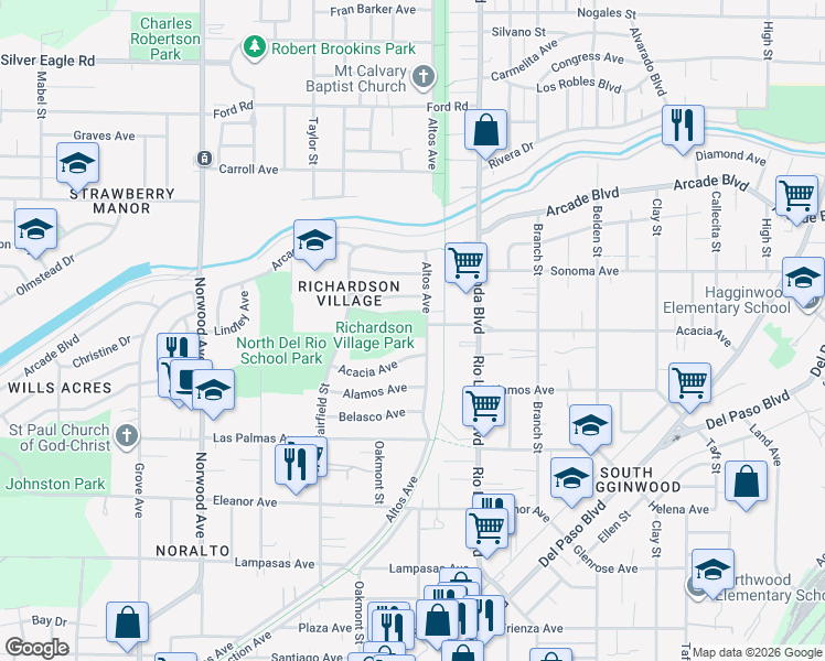 map of restaurants, bars, coffee shops, grocery stores, and more near 2955 Altos Avenue in Sacramento