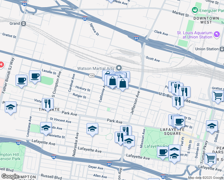 map of restaurants, bars, coffee shops, grocery stores, and more near 2714 Lasalle Street in St. Louis