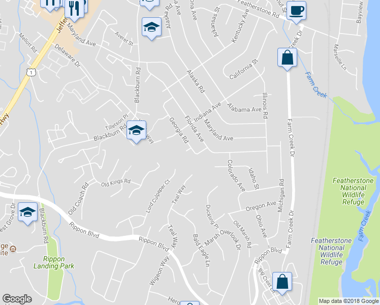 map of restaurants, bars, coffee shops, grocery stores, and more near 1601 Georgia Court in Woodbridge