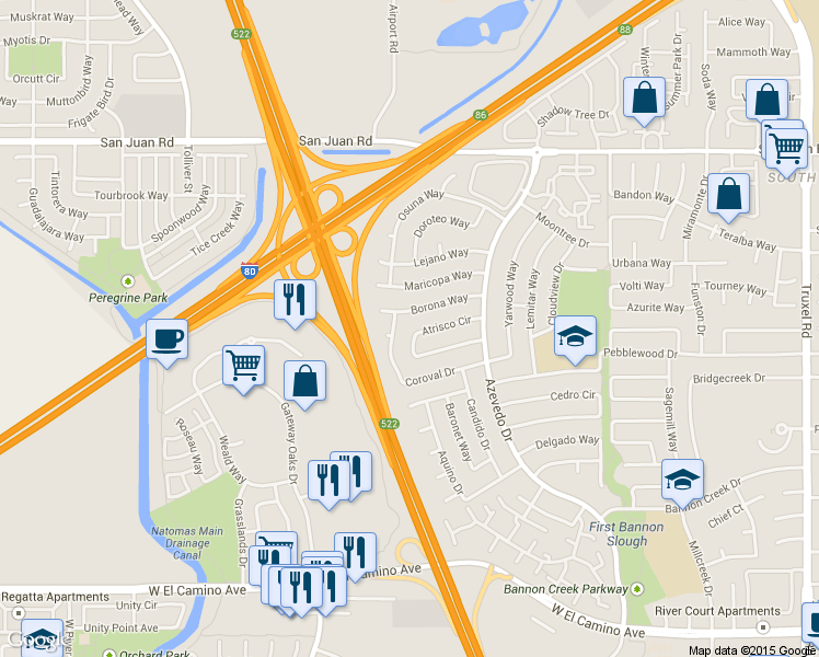 map of restaurants, bars, coffee shops, grocery stores, and more near 2236 Atrisco Circle in Sacramento