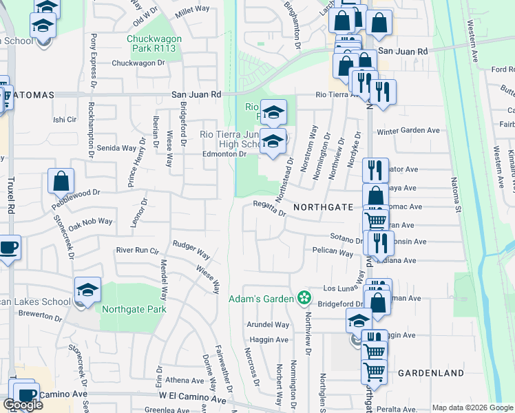 map of restaurants, bars, coffee shops, grocery stores, and more near 910 Regatta Drive in Sacramento