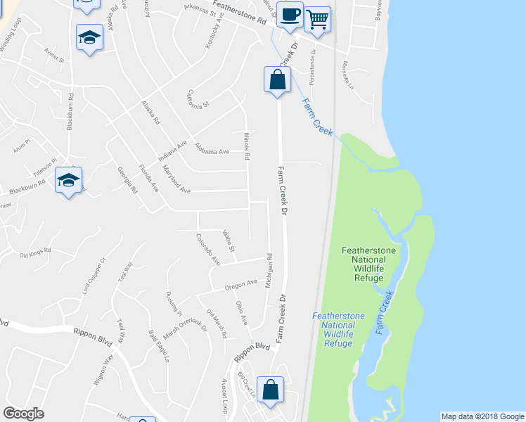 map of restaurants, bars, coffee shops, grocery stores, and more near 15204 Michigan Road in Woodbridge