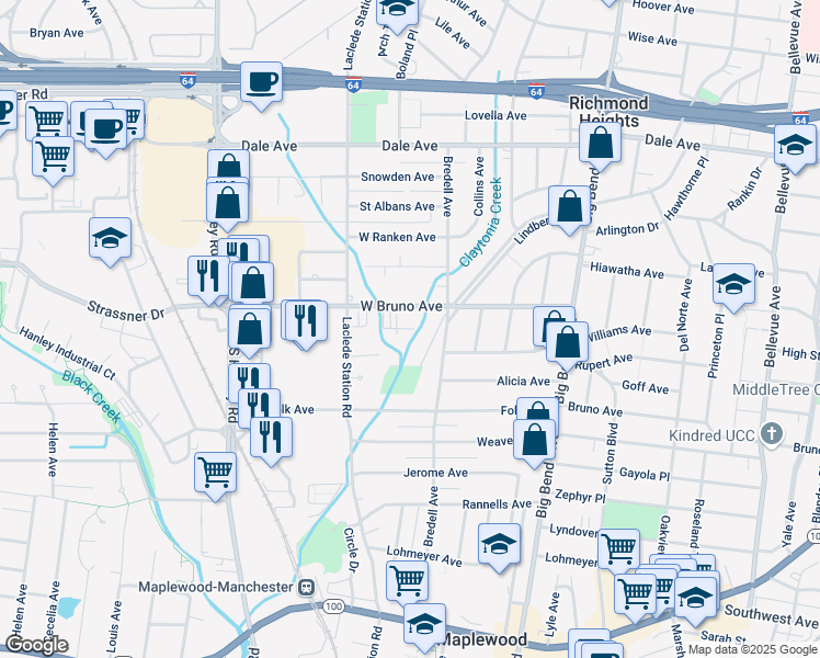 map of restaurants, bars, coffee shops, grocery stores, and more near 7784 West Bruno Avenue in St. Louis