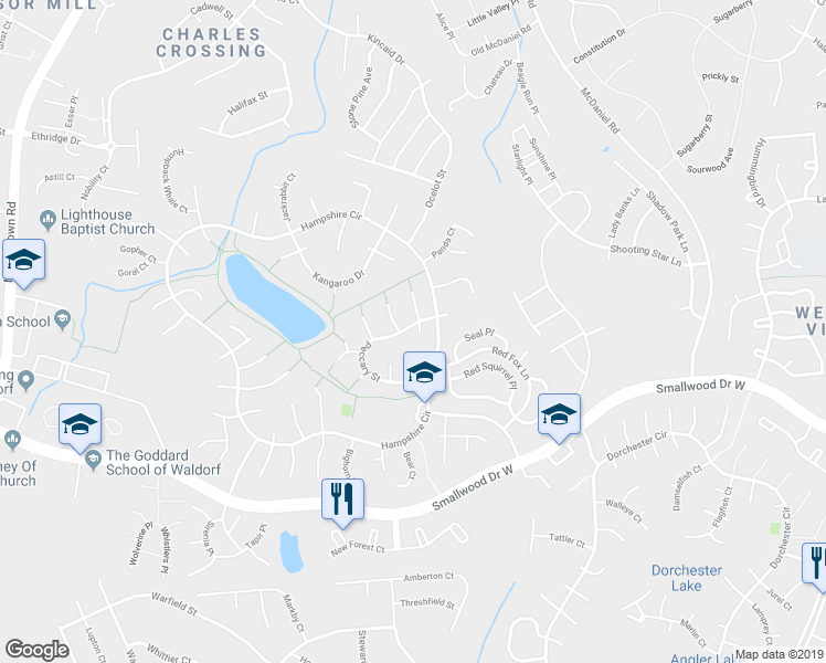 map of restaurants, bars, coffee shops, grocery stores, and more near 6221 Polar Bear Court in Waldorf