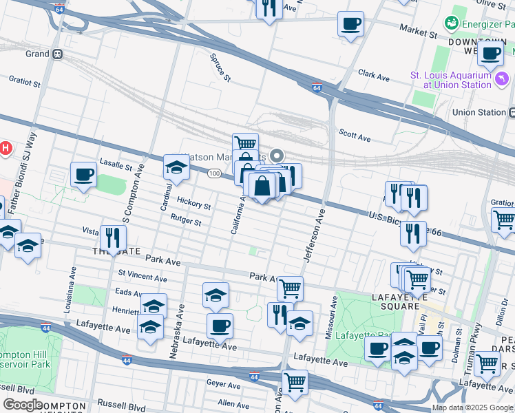 map of restaurants, bars, coffee shops, grocery stores, and more near 2752 Lasalle Street in St. Louis