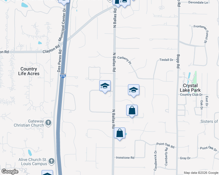 map of restaurants, bars, coffee shops, grocery stores, and more near 2209 North Ballas Road in St. Louis